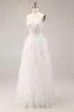 White Ruffled Tulle A-Line Spaghetti Straps Corset Long Wedding Dress