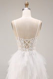 White Ruffled Tulle A-Line Spaghetti Straps Corset Long Wedding Dress
