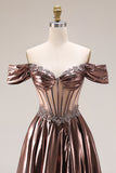 Off The Shoulder Metallic Coffee Sheer Boned Corset A-Line Long Prom Dress with Beading