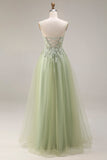 Light Green Tulle A-Line Corset Appliqued Spaghetti Straps Long Prom Dress
