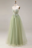 Light Green Tulle A-Line Corset Appliqued Spaghetti Straps Long Prom Dress