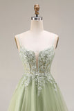 Light Green Tulle A-Line Corset Appliqued Spaghetti Straps Long Prom Dress