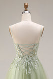 Light Green Tulle A-Line Corset Appliqued Spaghetti Straps Long Prom Dress