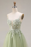 Light Green Tulle A-Line Corset Appliqued Spaghetti Straps Long Prom Dress
