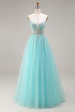 Mint A-Line Sequins Sheer Corset Beaded Long Prom Dress with Lace Up Back