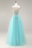 Mint A-Line Sequins Sheer Corset Beaded Long Prom Dress with Lace Up Back