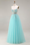 Mint A-Line Sequins Sheer Corset Beaded Long Prom Dress with Lace Up Back