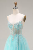 Mint A-Line Sequins Sheer Corset Beaded Long Prom Dress with Lace Up Back