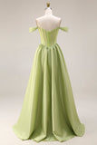 Green A-Line Off The Shoulder Beaded Sheer Corset Long Prom Dress with Slit