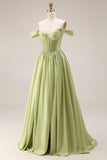 Green A-Line Off The Shoulder Beaded Sheer Corset Long Prom Dress with Slit