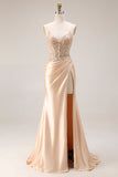 Champagne Beaded Mermaid Corset Long Satin Prom Dress with Slit