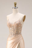 Champagne Beaded Mermaid Corset Long Satin Prom Dress with Slit