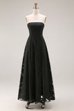Black Lace Strapless A Line Long Formal Dress with Back Zipper