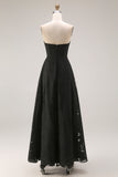 Black Lace Strapless A Line Long Formal Dress with Back Zipper