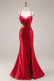 Red Appliqued Mermaid Cut Out Satin Long Prom Dress with Slit