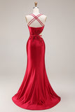 Red Appliqued Mermaid Cut Out Satin Long Prom Dress with Slit