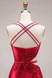 Red Appliqued Mermaid Cut Out Satin Long Prom Dress with Slit