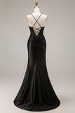 Black Satin Spaghetti Straps Mermaid Long Formal Dress with Slit