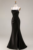 Black Satin Spaghetti Straps Mermaid Long Formal Dress with Slit