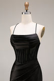 Black Satin Spaghetti Straps Mermaid Long Formal Dress with Slit