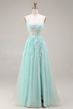 Mint Appliqued Corset Spaghetti Straps A Line Long Tulle Prom Dress with Slit