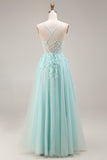 Mint Appliqued Corset Spaghetti Straps A Line Long Tulle Prom Dress with Slit