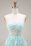 Mint Appliqued Corset Spaghetti Straps A Line Long Tulle Prom Dress with Slit