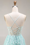Mint Appliqued Corset Spaghetti Straps A Line Long Tulle Prom Dress with Slit