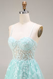 Mint Appliqued Corset Spaghetti Straps A Line Long Tulle Prom Dress with Slit