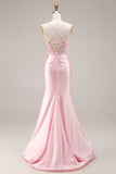 Pink Basque Waist Appliqued Mermaid Satin Long Prom Dress with Slit