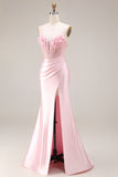 Pink Basque Waist Appliqued Mermaid Satin Long Prom Dress with Slit