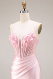 Pink Basque Waist Appliqued Mermaid Satin Long Prom Dress with Slit