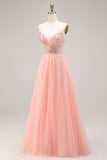 Watermelon Appliqued Corset Spaghetti Straps A Line Long Tulle Prom Dress