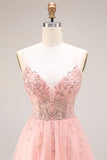 Watermelon Appliqued Corset Spaghetti Straps A Line Long Tulle Prom Dress