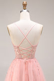 Watermelon Appliqued Corset Spaghetti Straps A Line Long Tulle Prom Dress