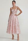 Sparkly Pink Appliqued Square Neck Corset Midi Dress