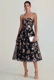 Sparkly Flower Appliqued Pink Strapless A Line Midi Dress