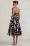 Sparkly Flower Appliqued Pink Strapless A Line Midi Dress