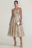 Sparkly Flower Appliqued Pink Strapless A Line Midi Dress