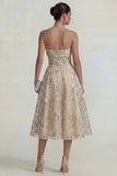 Sparkly Flower Appliqued Pink Strapless A Line Midi Dress