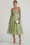 Sparkly Flower Appliqued Pink Strapless A Line Midi Dress