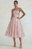 Sparkly Flower Appliqued Pink Strapless A Line Midi Dress