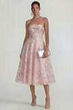 Sparkly Flower Appliqued Pink Strapless A Line Midi Dress