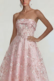 Sparkly Flower Appliqued Pink Strapless A Line Midi Dress