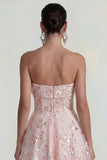Sparkly Flower Appliqued Pink Strapless A Line Midi Dress