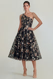 Sparkly Flower Appliqued Pink One Shoulder A Line Midi Dress