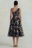 Sparkly Flower Appliqued Pink One Shoulder A Line Midi Dress