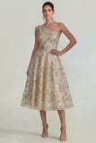 Sparkly Flower Appliqued Pink One Shoulder A Line Midi Dress