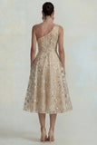 Sparkly Flower Appliqued Pink One Shoulder A Line Midi Dress