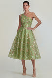 Sparkly Flower Appliqued Pink One Shoulder A Line Midi Dress